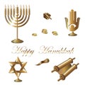 Gold Happy Hanukkah. Festive gold attributes.